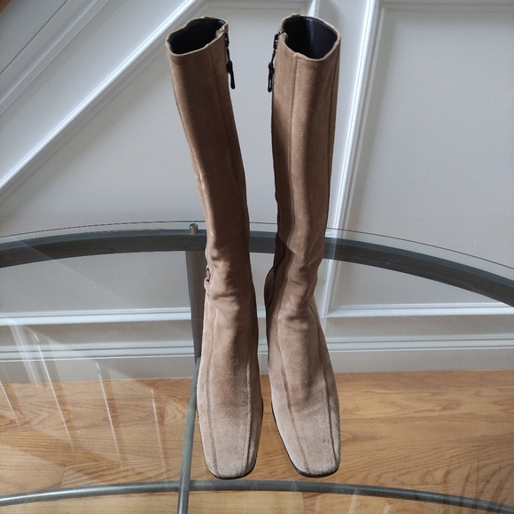 Prada square toe tall boots silver hardware logo women 37.5 tan suede - Picture 2 of 12